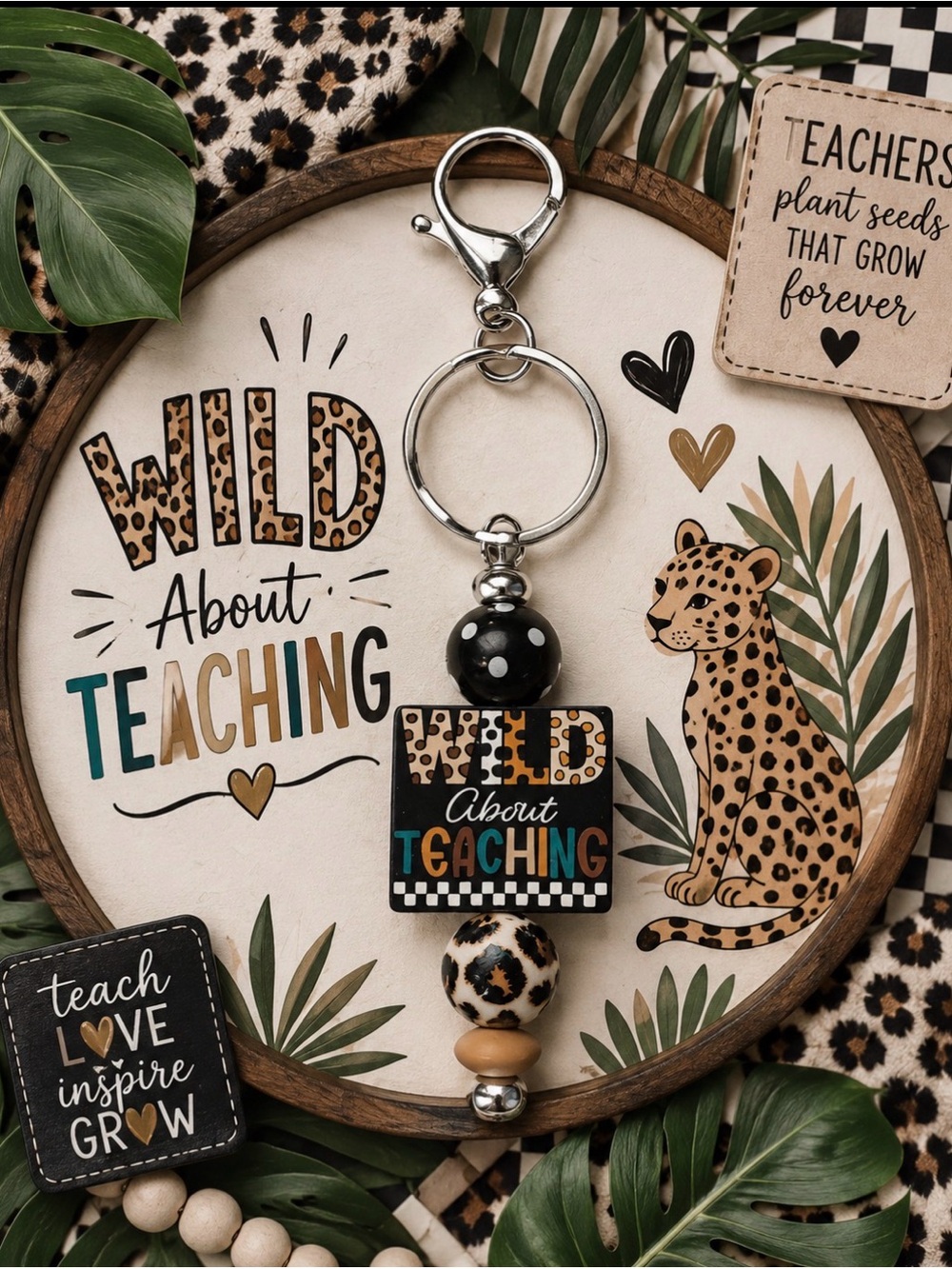 Hand Crafted Leopard Print 'Wild About Teaching' Keychain - Black, Tan, Brown